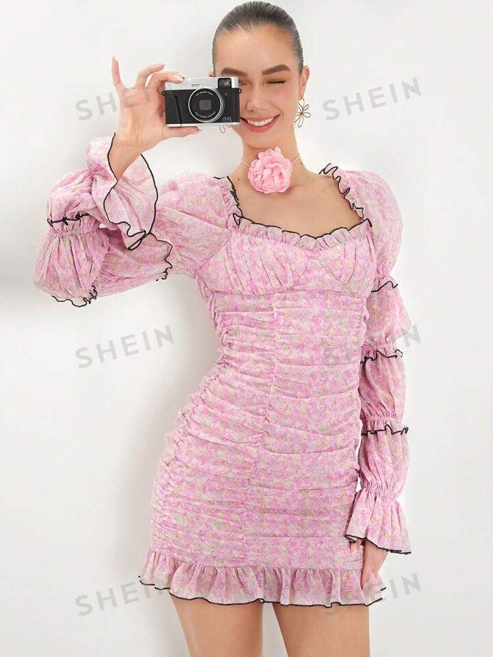 SHEIN ENCHNT Women's Floral Print Lotus Leaf Hem Bell Sleeve Dress | SHEIN
