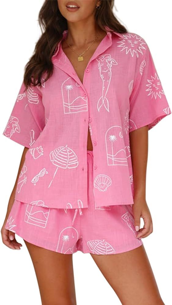 Women Summer 2 Piece Beach Outfits Printed Short Sleeve Button Down Shirt Shorts Lounge Set Casua... | Amazon (US)