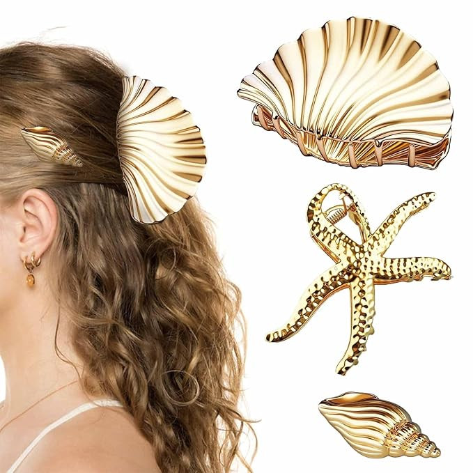 3Pcs Large Starfish Hair Claw Clips Gold Large Seashell Hair Accessories for Women Beach Wedding ... | Amazon (US)