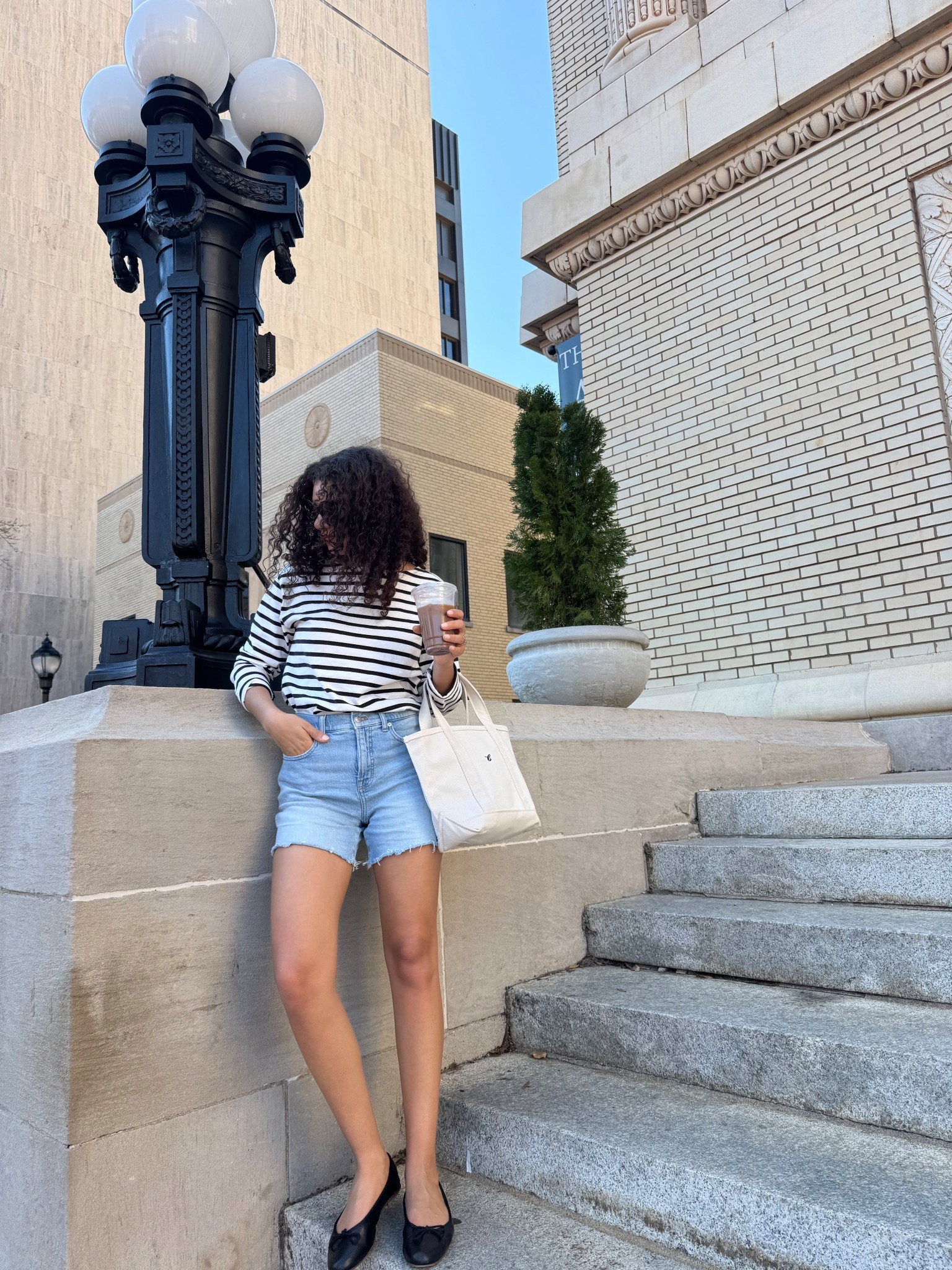 Pair a mariner shirt with denim shorts, ballet flats, and a boat tote for a cute spring outfit 

#LTKootd