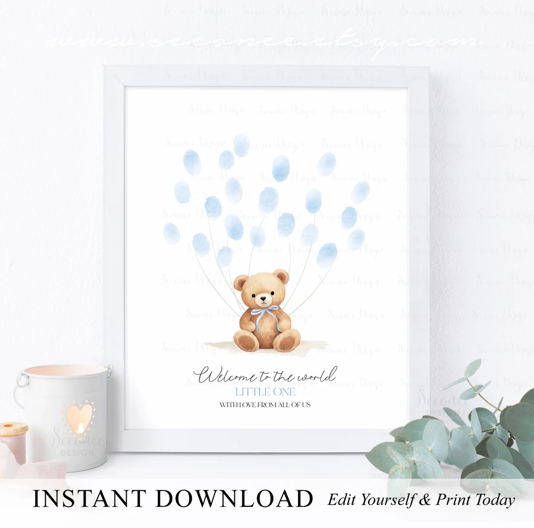 Blue Teddy Bear Balloon Baby Shower Fingerprint Guest Book Sign, Brown Teddy Bear Baby Shower Thu... | Etsy (US)