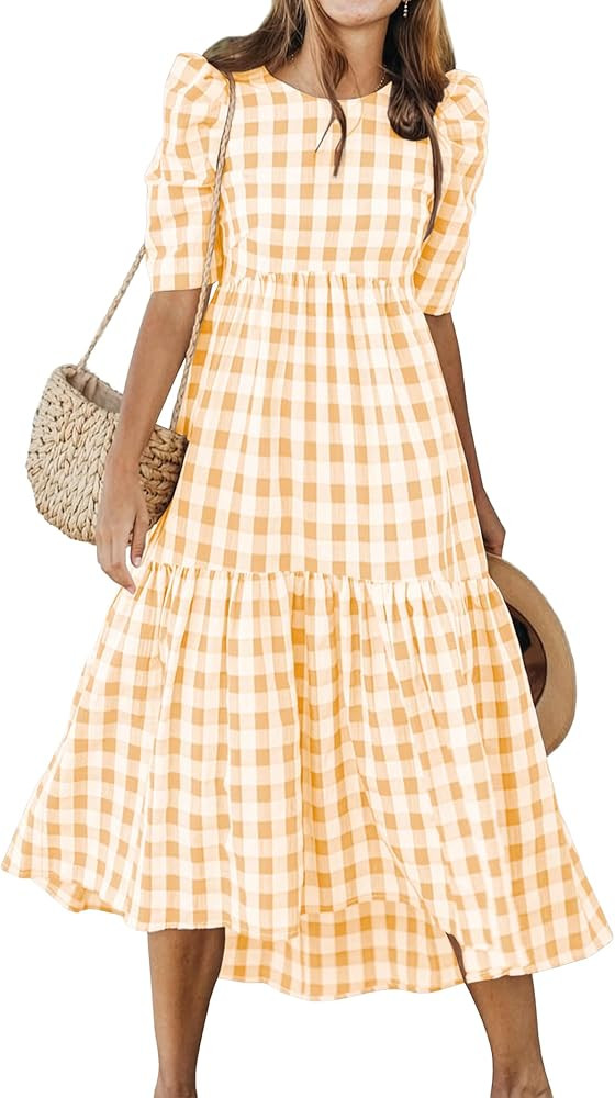 ANRABESS Womens Summer Midi Dresses Casual 2026 Plaid Short Puff Sleeve High Low Flowy Beach Vaca... | Amazon (US)