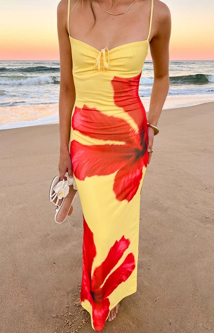 Rosalyn Yellow Hibiscus Print Maxi Dress | Beginning Boutique (US)
