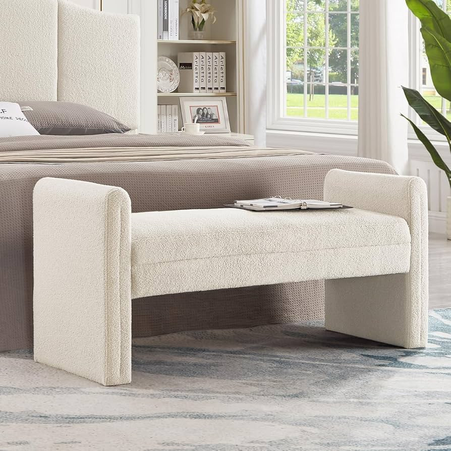 24KF Modern Boucle Teddy Lovely Bench, Upholstered Bed Bench Entryway Bench Ottoman with Armrest ... | Amazon (US)