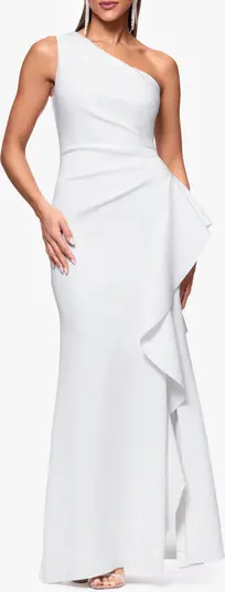 One-Shoulder Ruffle Scuba Crepe Gown | Nordstrom