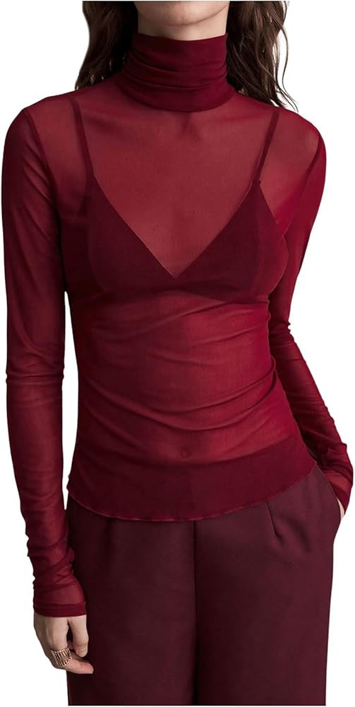 Women's Sheer Mesh High Neck T Shirts Long Sleeve Slim Fit Tee Tops Clubwear | Amazon (US)