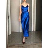 Royal Blue Maxi Silk Satin Dress, Extra Full Length Slip Dress, Adjustable Spaghetti Straps, Silky Deep V Neck Bias Cut Dress | Etsy (US)