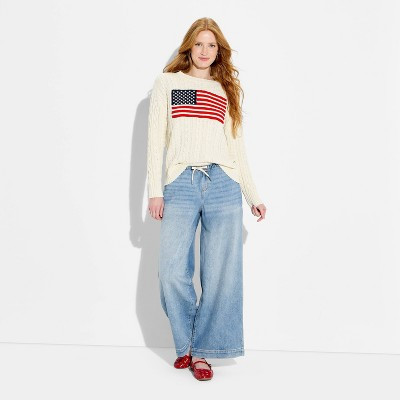 Women's Crewneck American Flag Pullover Sweater - Wild Fable™ Dark Off-White Flags S | Target
