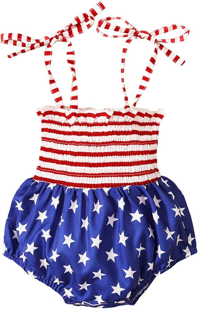 Baby Girl 4th of July Romper Infant Girl Independence Day One Piece Sling Jumpsuit Star Strip Ple... | Amazon (US)