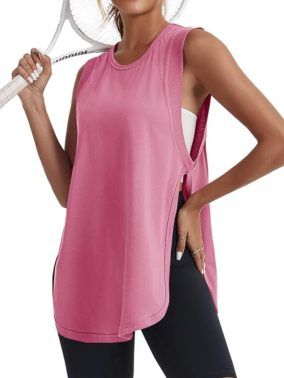 Tankaneo Womens Side Slit Workout Tank Tops Cotton Sleeveless T Shirts Oversized Summer Casual Yo... | Amazon (US)