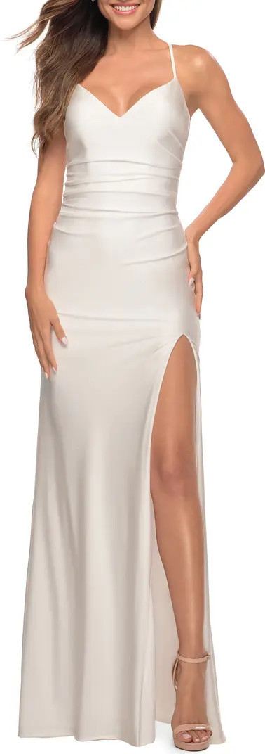 Long Homecoming Dress with Slit and Criss Cross Back | Nordstrom