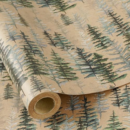 RUSPEPA Kraft Christmas Wrapping Paper Roll, Mini Roll, Watercolor Pine Tree Design Kraft Paper Rustic Forest Gift Wrap for Women, Men, Friends, Christmas, Holiday, Winter Party, 17 Inches x 16.4 Feet | Amazon (US)