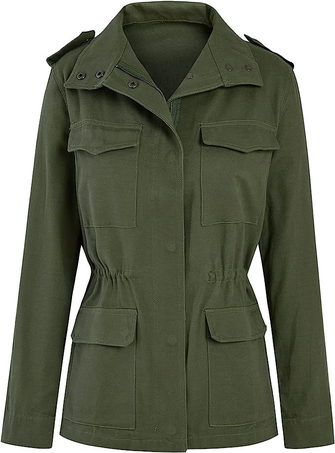 Womens Military Jacket Zip Up Snap Buttons Lightweight Utility Anorak Field Safari Coat Outwear | Amazon (US)