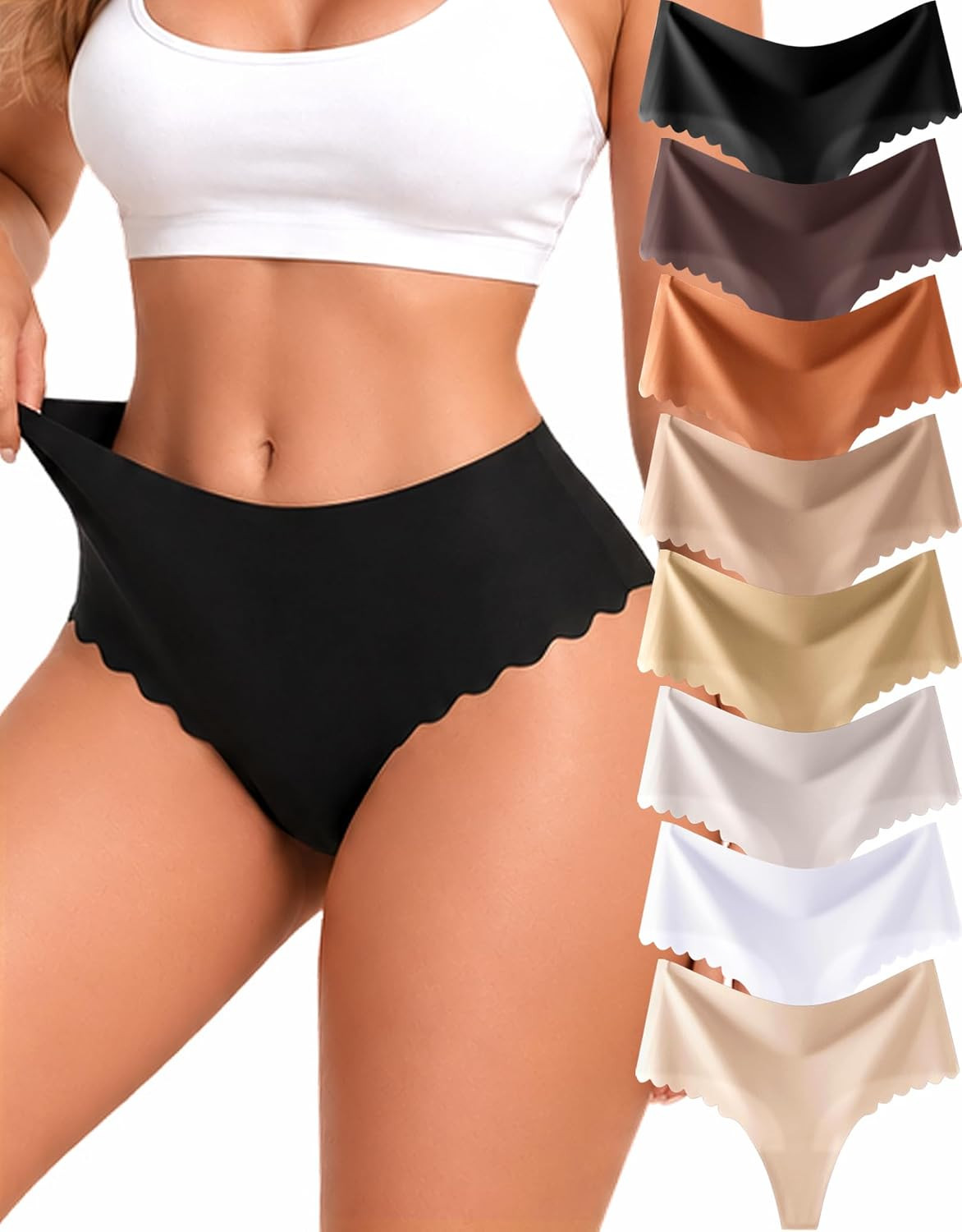 8 Pack Seamless Thongs Underwear Womens High Waisted No Show Tangas Panties | Amazon (US)