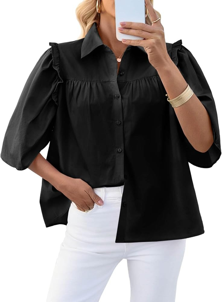 Cicy Bell Womens Summer Button Down Shirts Short Ruffle Puff Sleeve Cotton Blouses Dressy Casual ... | Amazon (US)
