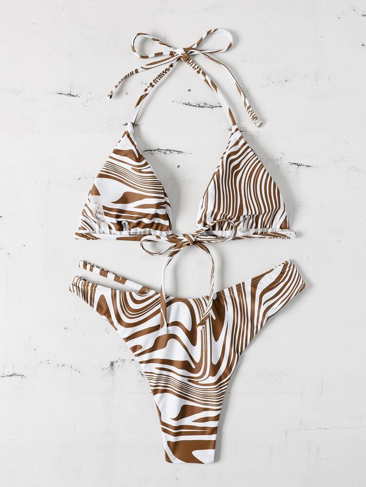 Zebra Stripe Halter Bikini Swimsuit | SHEIN