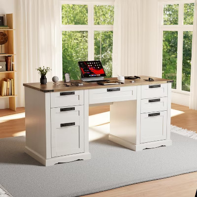 Executive Desk with Drawers, 60" Farmhouse Office Desk with Charging & File Drawer, Wood Home Writing Work Desk, Antique White | Target
