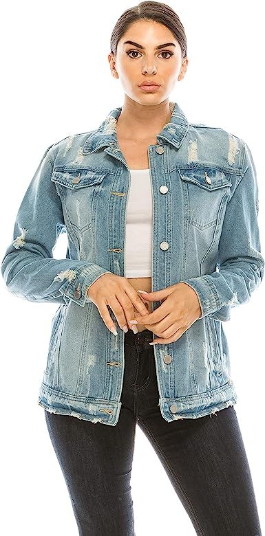 Women's Oversize Distressed Denim Jacket - Casual Ripped Destroyed Jean Jackets Trucker | Amazon (US)