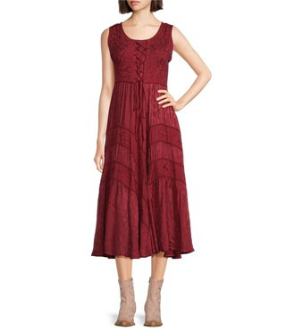Sleeveless Lace-Up Embroidered Floral Jacquard Tie Waist Midi Dress | Dillard's