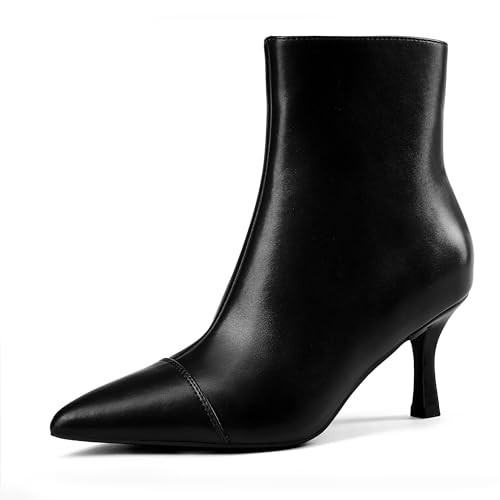Elisabet Tang Ankle Boots Booties for Women Pointed Toe 3 Inches Heel Dress Comfy with Side Zipper Mide Calf Dat Work Formal Winter Fall Black Matte Size 6 | Amazon (US)