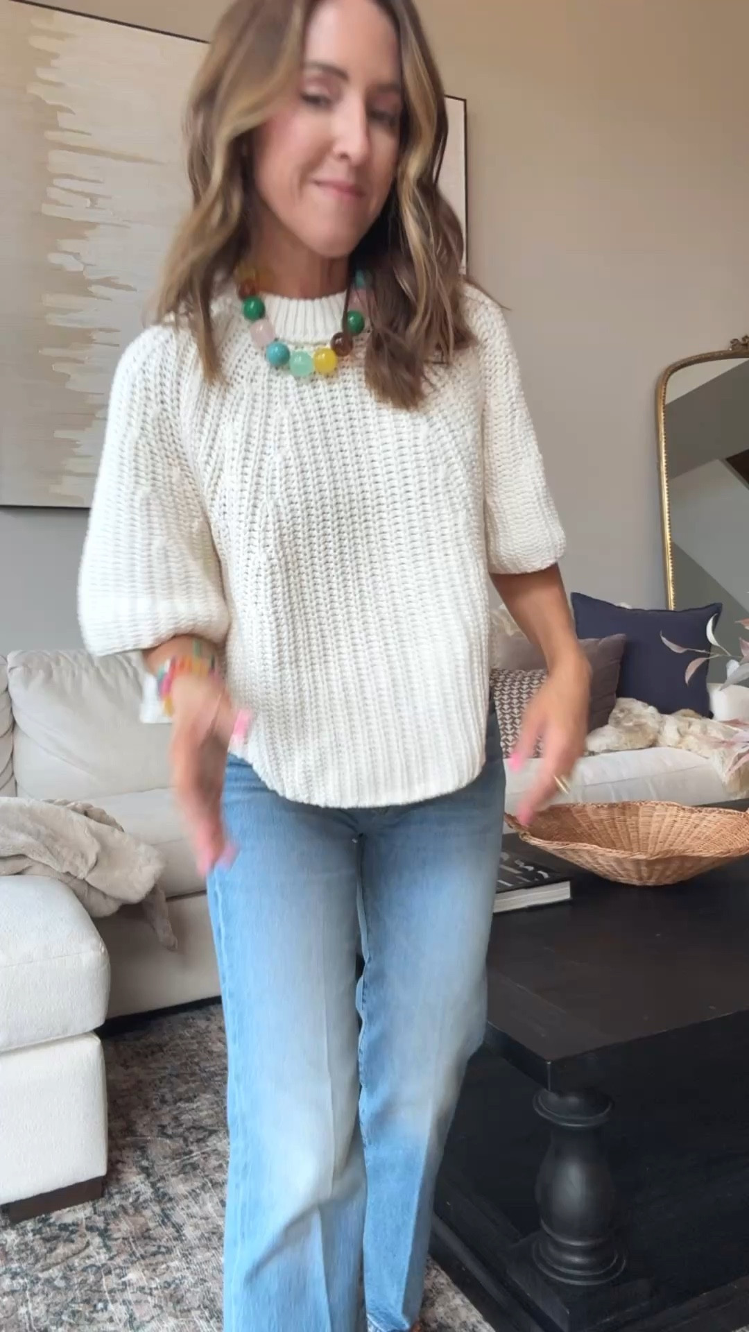 Small in sweater 
Jeans tts, 25 regular use code: twopeas20 20% off 
Necklace color: multi
Jelly sandals tts - 20% off code: teopeas20
Spring style 

#LTKSeasonal #LTKmomlife