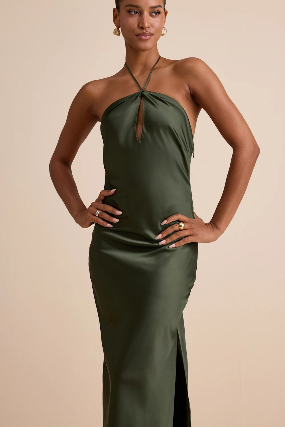 Gracie Olive Green Satin Halter Neck Maxi Dress | Lulus