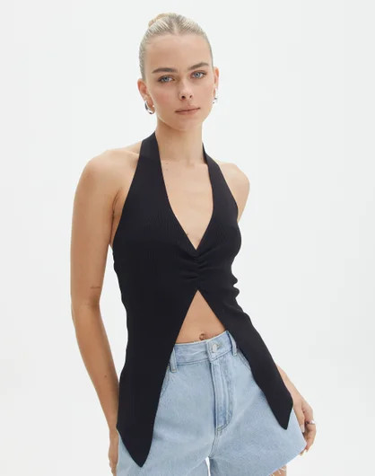 Split Front Halter Top in Black | Glassons | Glassons (Australia)