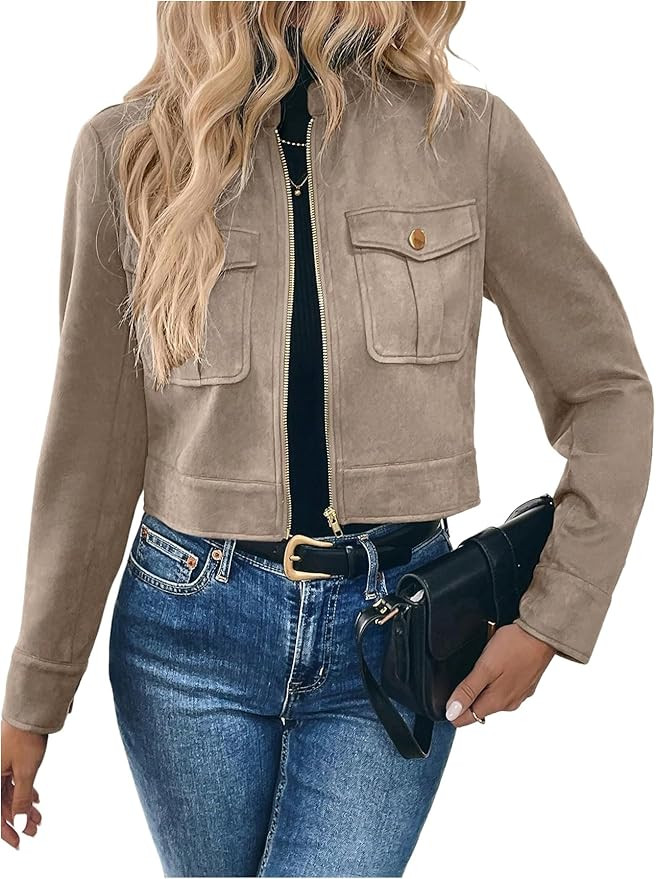 Verdusa Women's Zip Up Crop Spring Jackets Faux Suede Long Sleeve Motorcycle Cargo Jacket with Po... | Amazon (US)