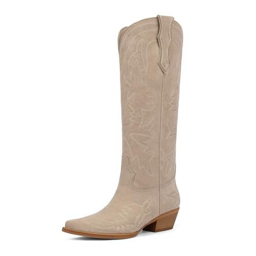 VIUGJNEX Cowgirl Boots Embroidered Tan Cowboy Boots for Women Pointed Toe Pull on Cow Boy Suede Boot for Women Knee High Wide Calf Chunky Low Heel Western Boot Size 8.5 | Amazon (US)