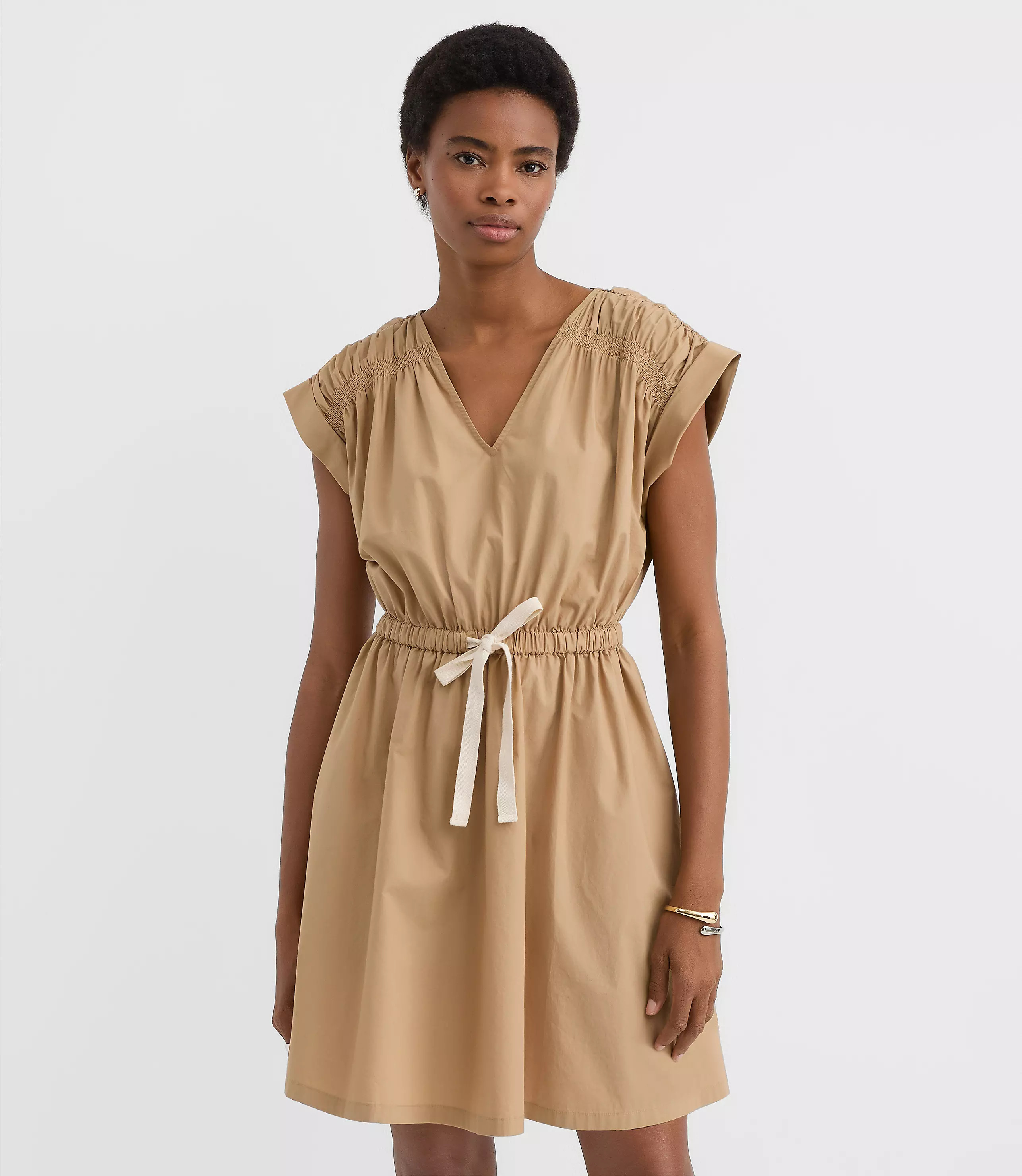 Poplin Shirred Tie Waist Mini Dress | LOFT