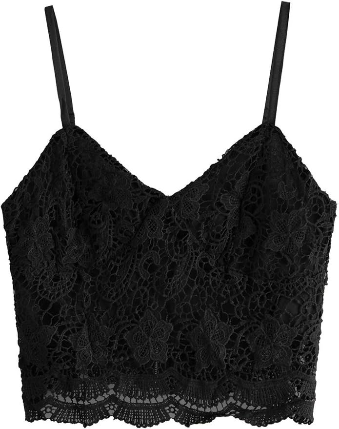 SheIn Women's Casual Lace Crochet Spaghetti Strap Zip Up Cami Crop Top Camisole | Amazon (US)