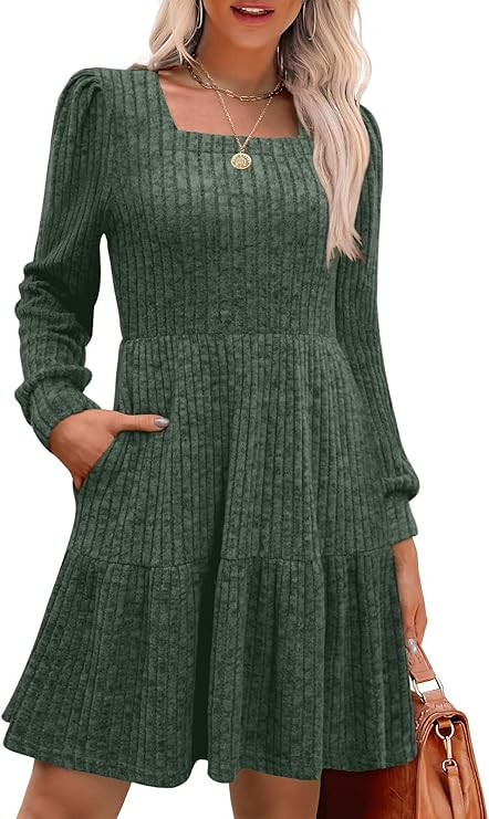 MixShe Women's Fall Dresses 2025 Square Neck Long Sleeve Winter Dress | Amazon (US)