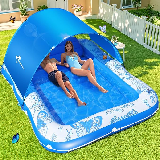 Inflatable Tanning Pool Lounger with Canopy,81"x 60" Large Tanning Floats for Adults,2025 Butterf... | Amazon (US)
