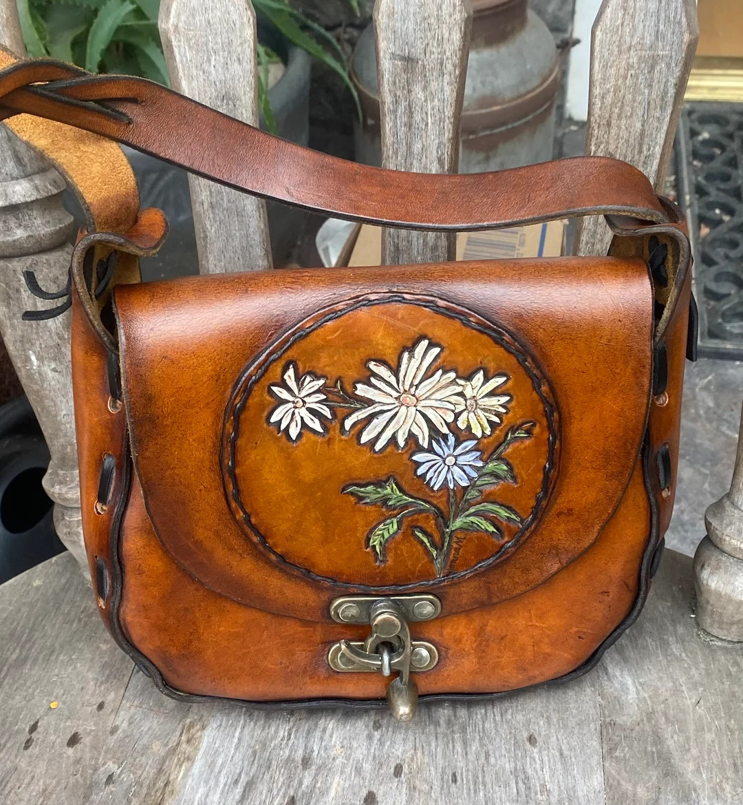 Vintage Hand Tooled Painted Leather Boho Hippie Flower Handmade Purse Bag 1970s - Etsy | Etsy (US)