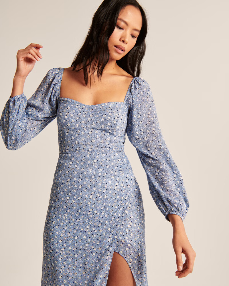 Long-Sleeve Draped Skirt Midi Dress | Abercrombie & Fitch (US)