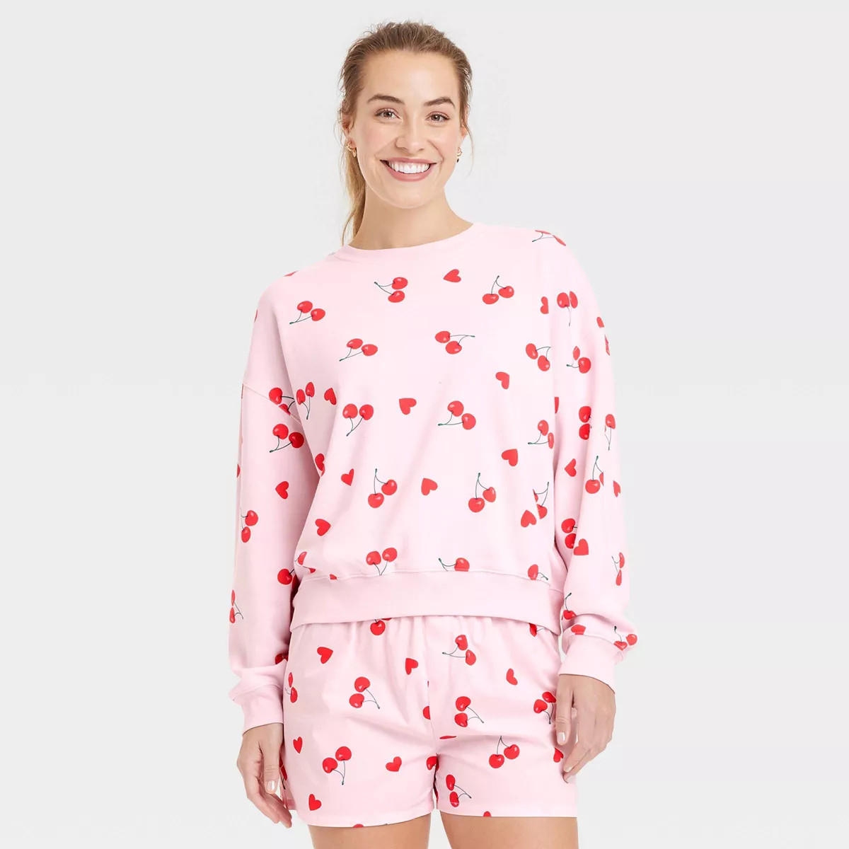 Women's Valentine's Day Cherry Hearts Printed Graphic Sweatshirt - Pink | Target