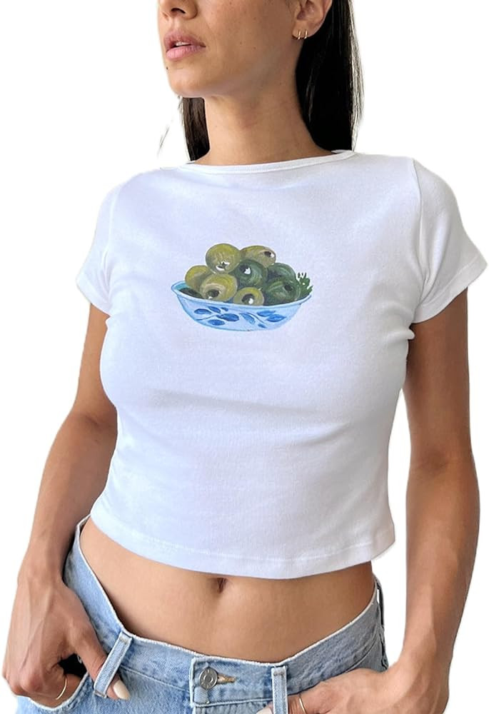 Y2k Baby Tees Women Short Sleeve Crop Tops Teen Girls Bow Fruit Graphic Print T Shirts Vintage Ae... | Amazon (US)