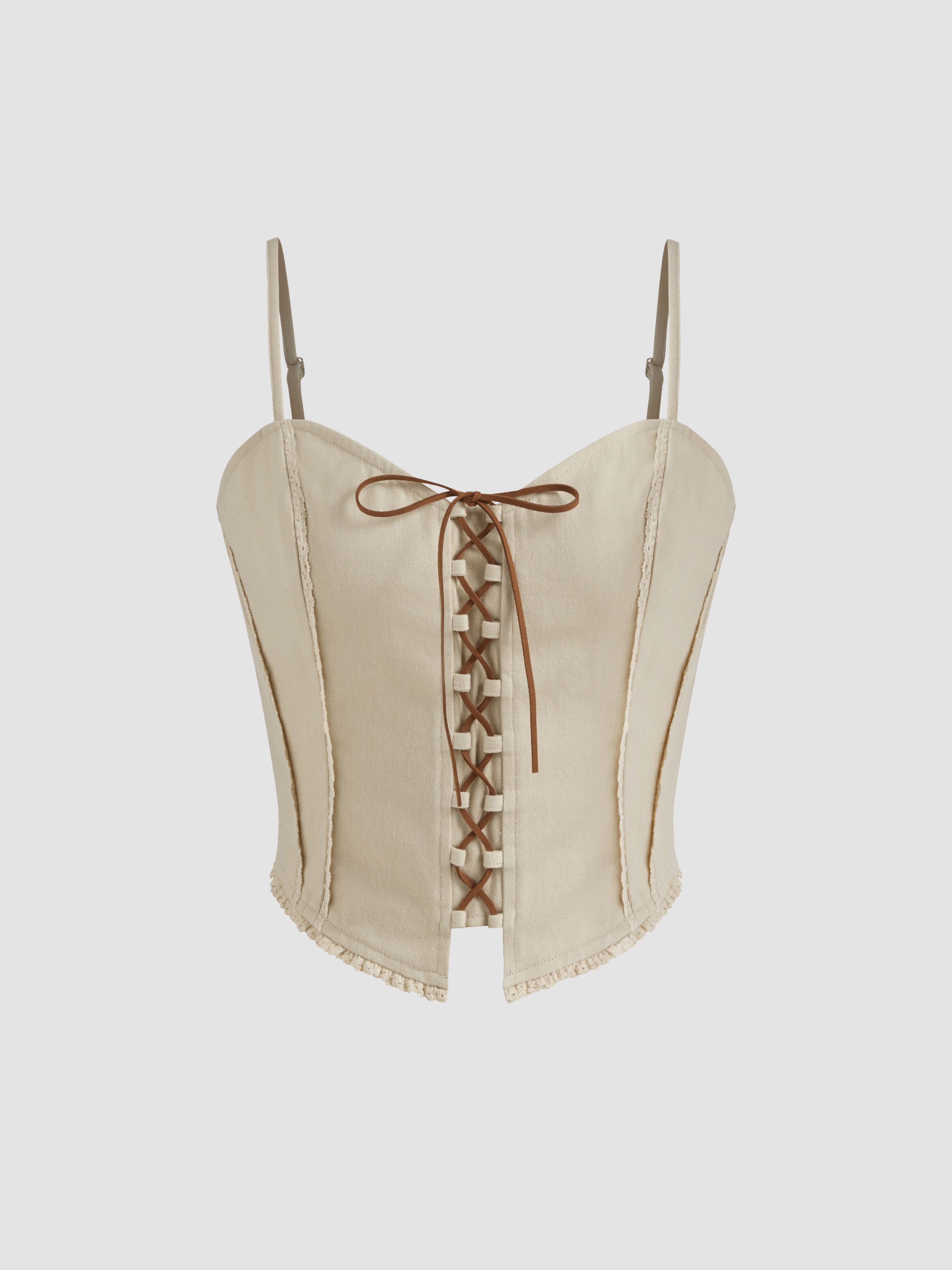 Woven 100% Cotton Sweetheart  Neckline Lace Up Cami Crop Top For Outdoor Vacation | Cider