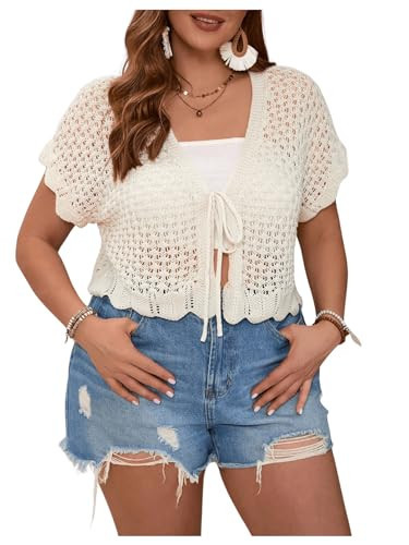 Floerns Women's Plus Size Crochet Hollow Out Tie Front Scallop Trim Crop Cardigan Sweater Beige 3XL | Amazon (US)