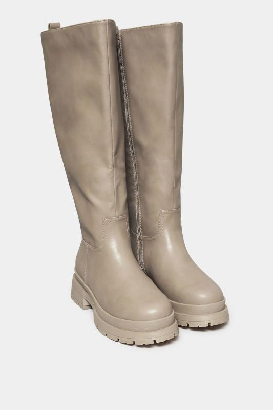 LIMITED COLLECTION Beige Brown Faux Leather Pull On Knee High Boots In Extra Wide Fit | Yours Clothing UK