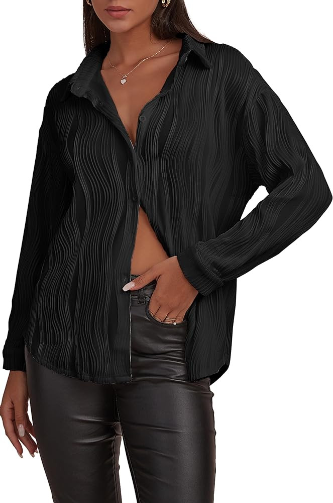 CHYRII Womens Textured Button Down Long Sleeve Shirt Casual Work Office Blouse Top | Amazon (US)