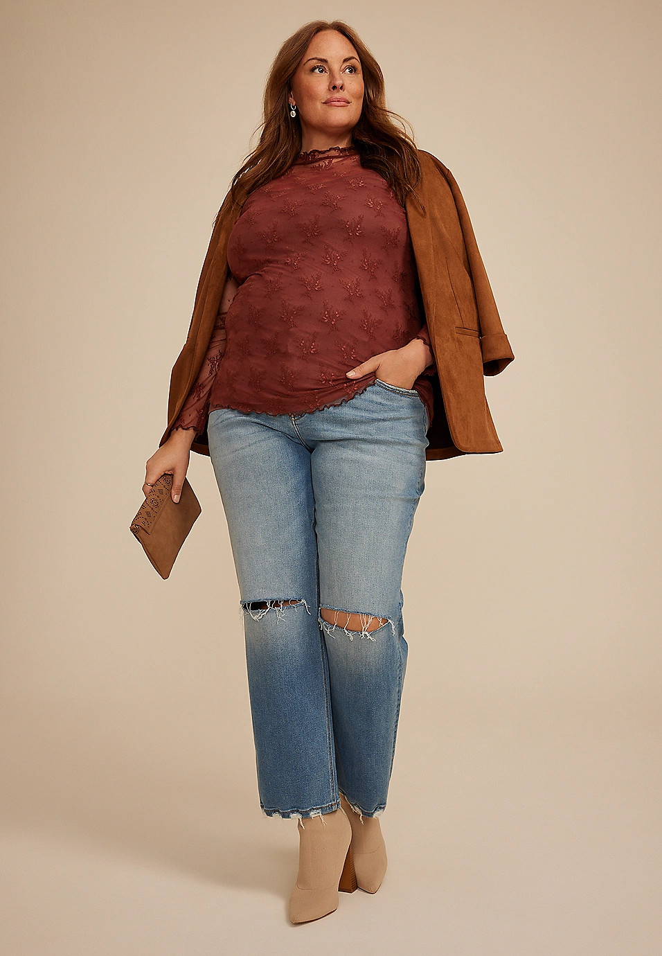 Plus Size Embroidered Floral Sheer Lace Mock Neck Blouse | Maurices