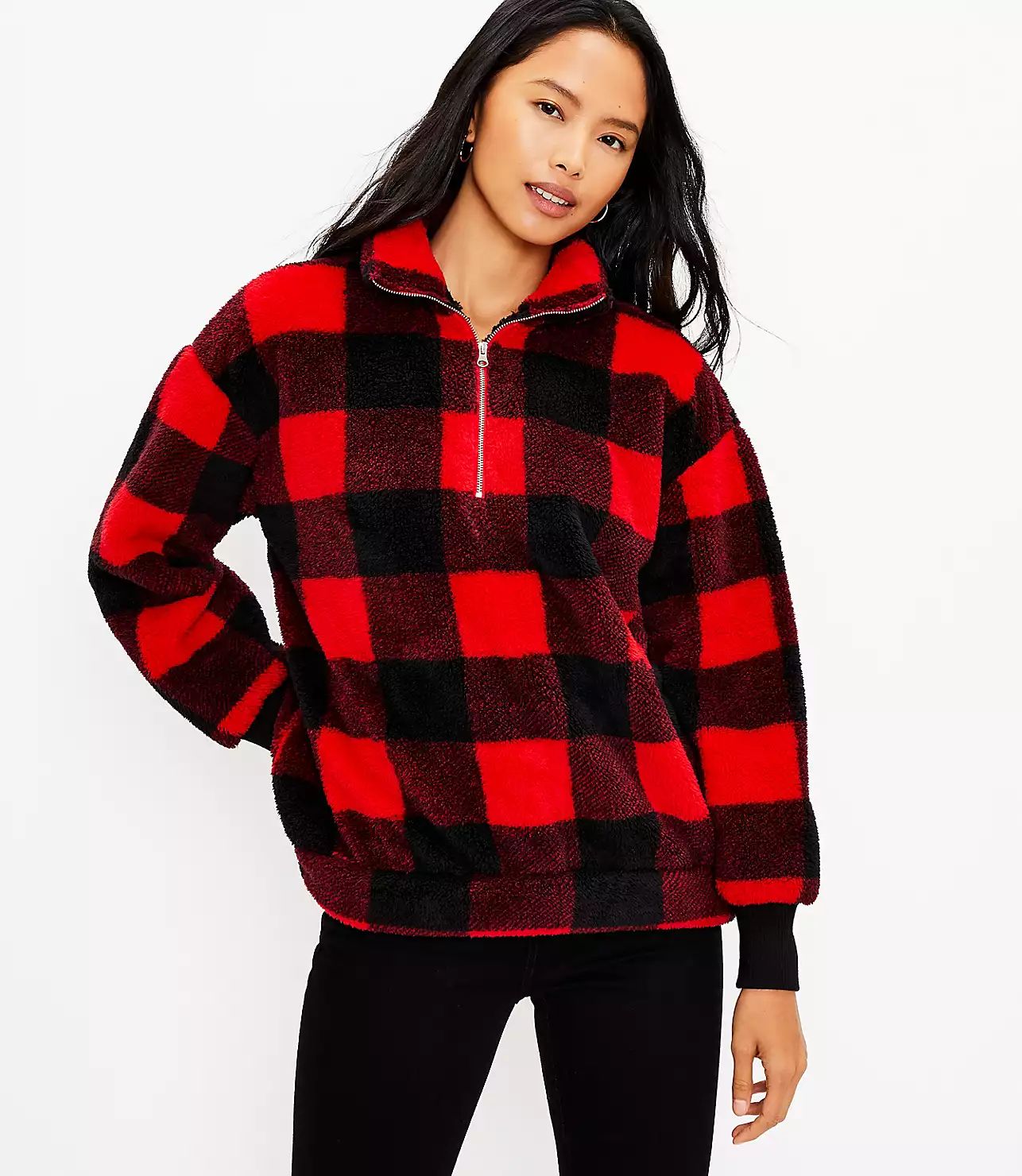 Buffalo Plaid Sherpa Zip Sweatshirt | LOFT