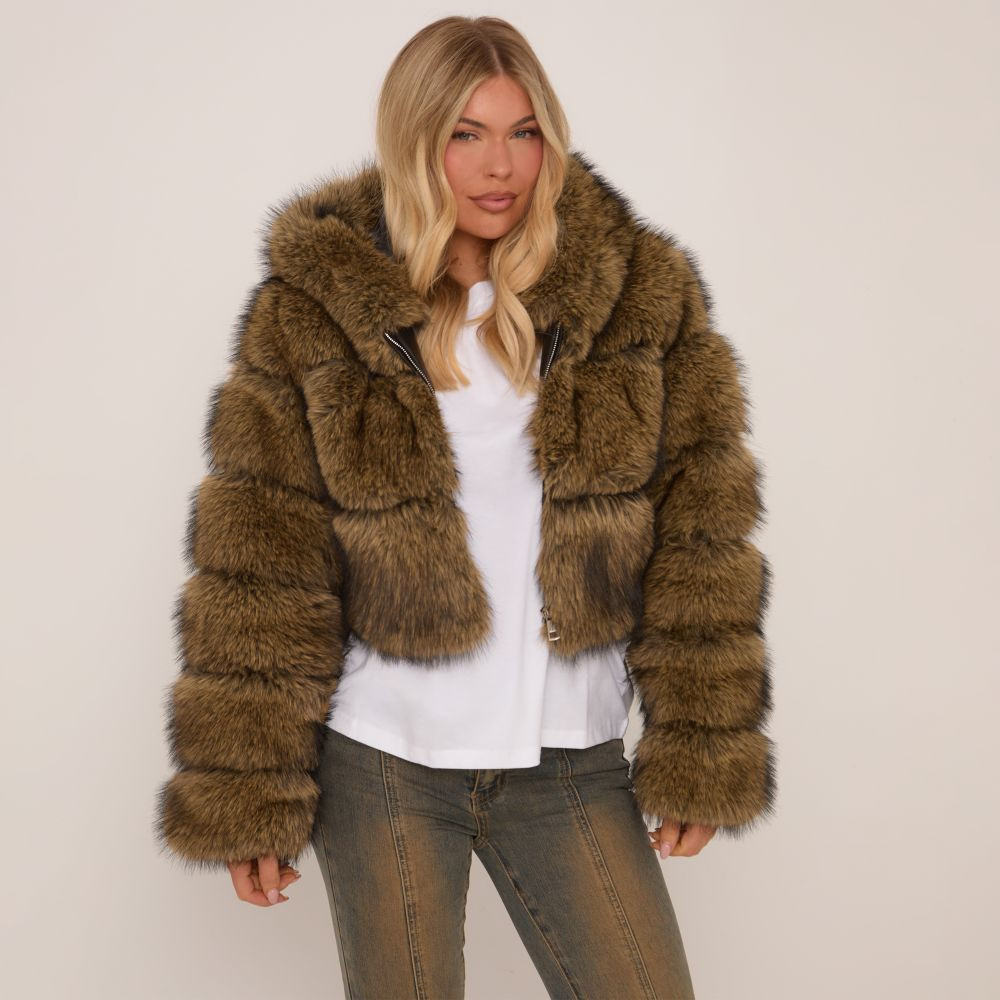 Hooded Cropped Puffer Coat In Brown Faux Fur | EGO (UK)