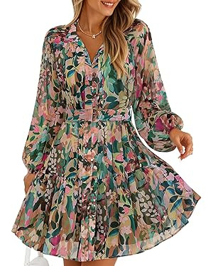 ZESICA Womens Summer Floral Mini Dress 2026 Fall Long Sleeve Button Chiffon A Line Short Wedding ... | Amazon (US)