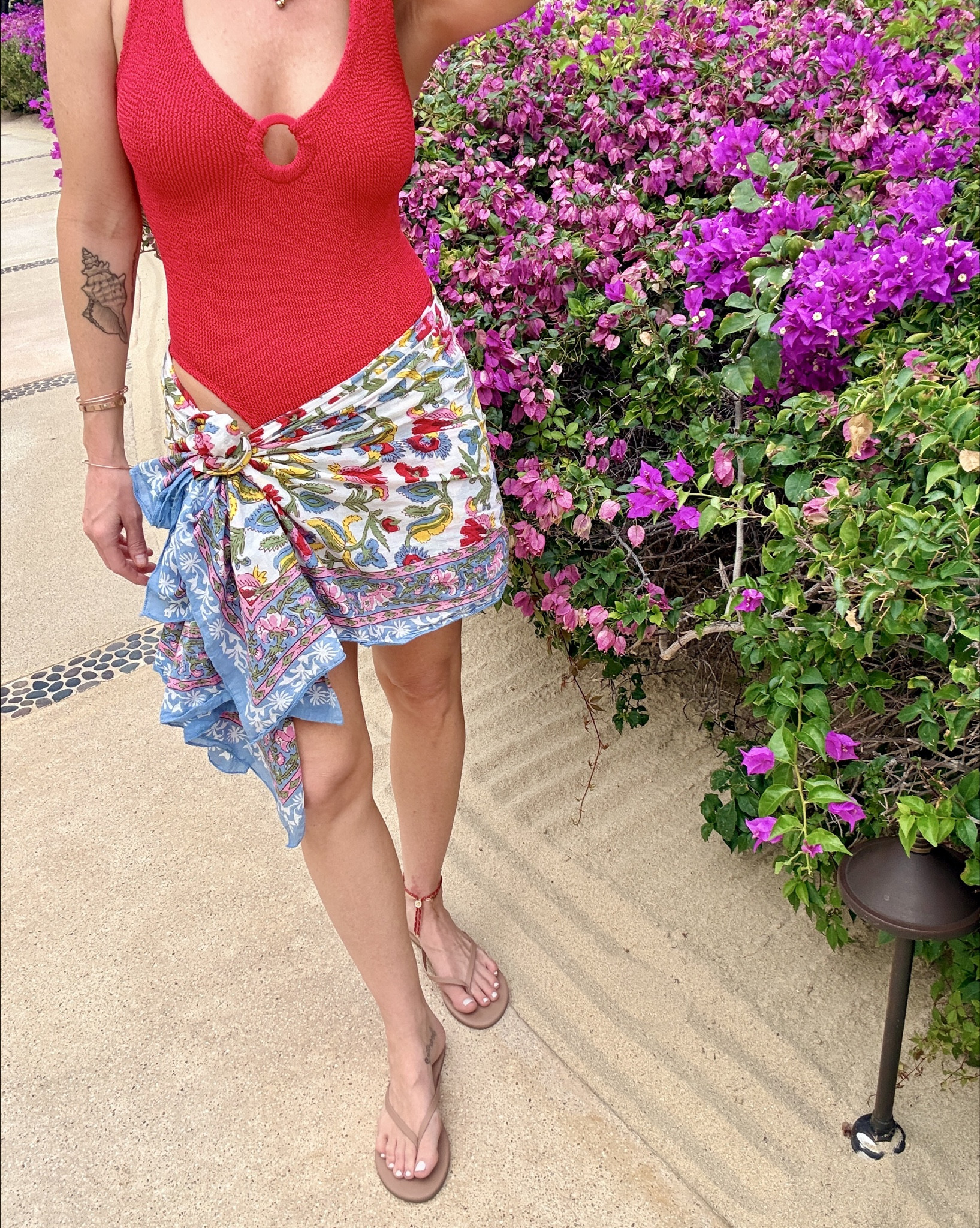 Cabo vacation wear! 
I’m 5’10 and normally a size 6/medium . The sandals are in the shade Hazelberry. The necklace is by Spicy Dan 