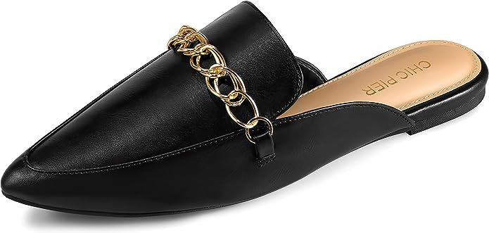 PARTY Women's Flat Mules Chain Closed Pointed Toe Mule Backless Slides Mules Slip On Loafer Shoes | Amazon (US)
