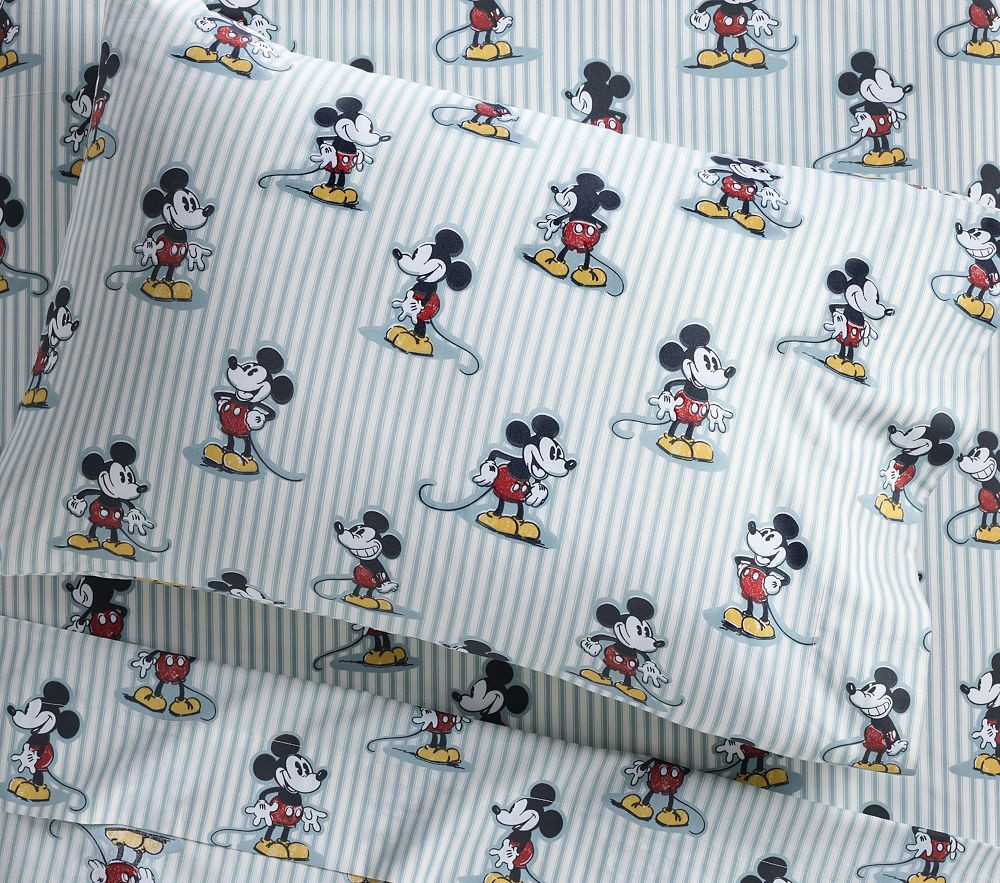 Disney Home x Sanderson Mickey Mouse Stripe Organic Toddler Sheet Set (Crib Sized) | Pottery Barn Kids