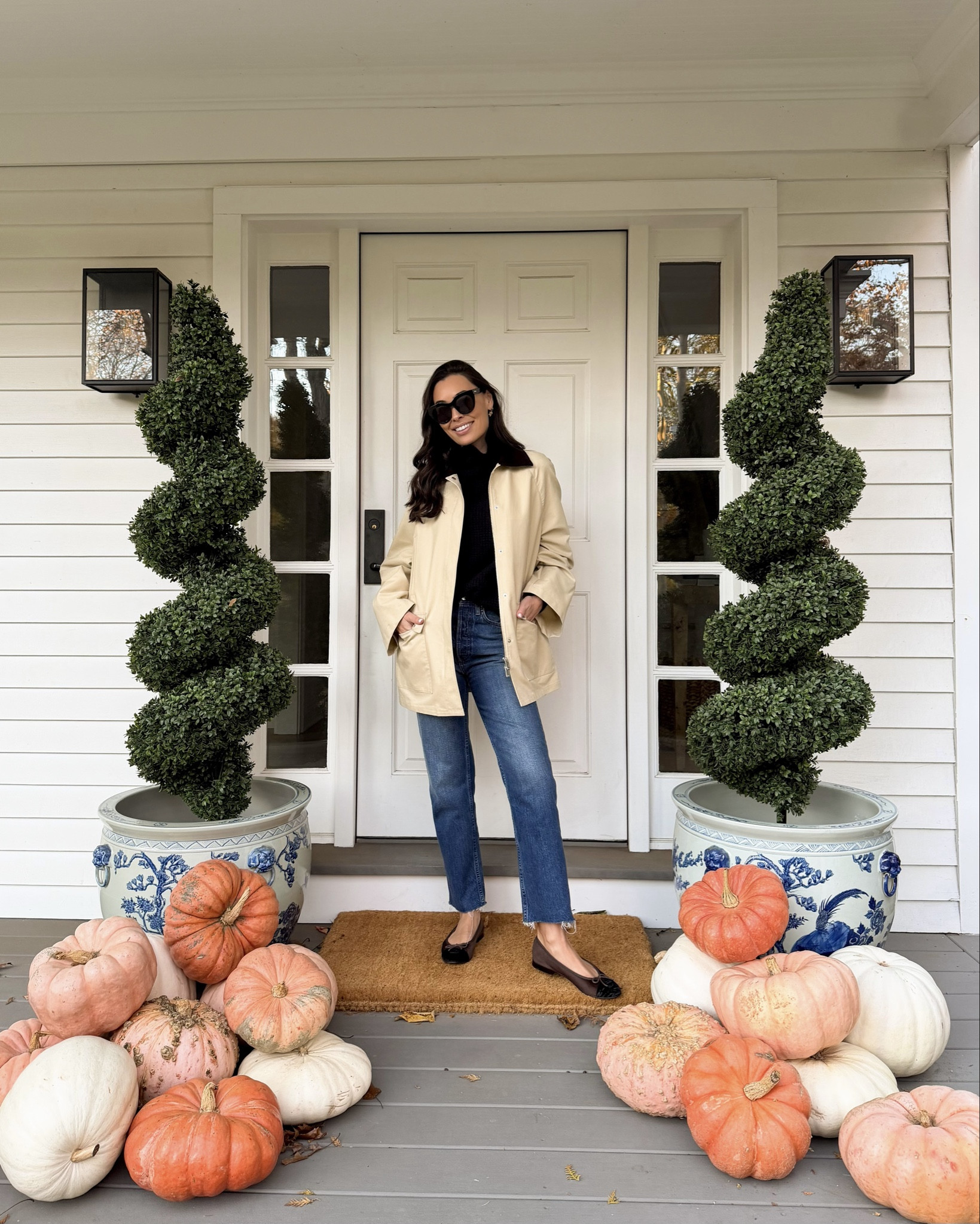 Fall outfit, barn jacket, denim, front door decor, porch, planters. 

#LTKSeasonal #LTKHome #LTKHoliday