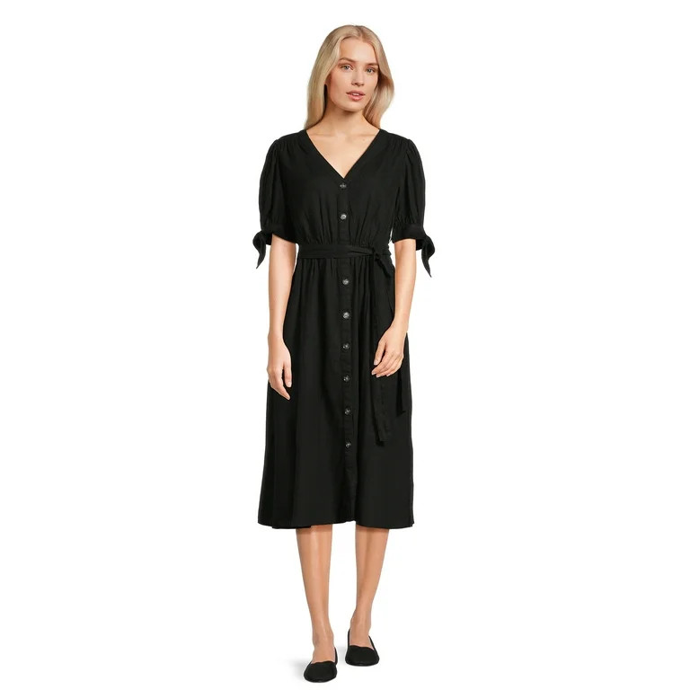 Time and Tru Women’s Tie Sleeve Linen Blend Midi Dress, Sizes XS-XXXL | Walmart (US)